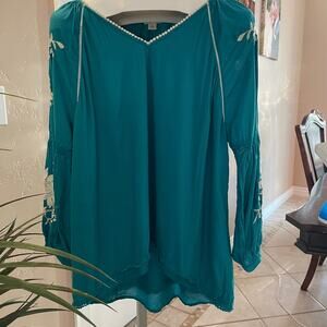 Teal Women's Top with Embroidered Details